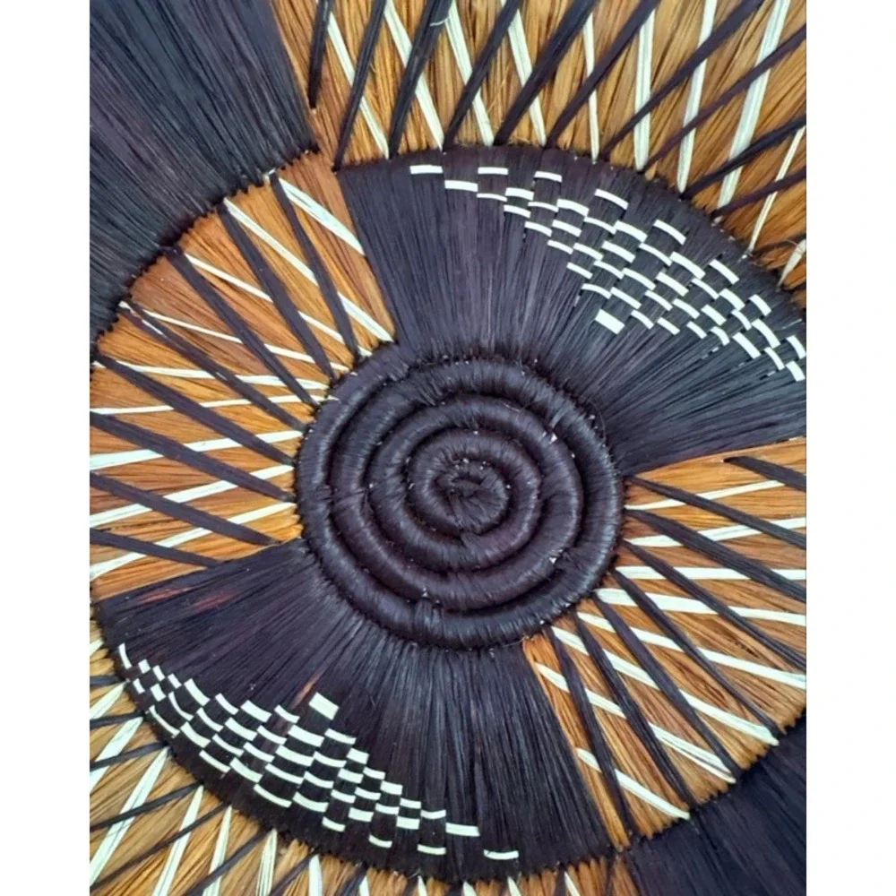 Handwoven Coil Wall Basket Decor Brown Tan Geometric Sunburst 12 Inch Round